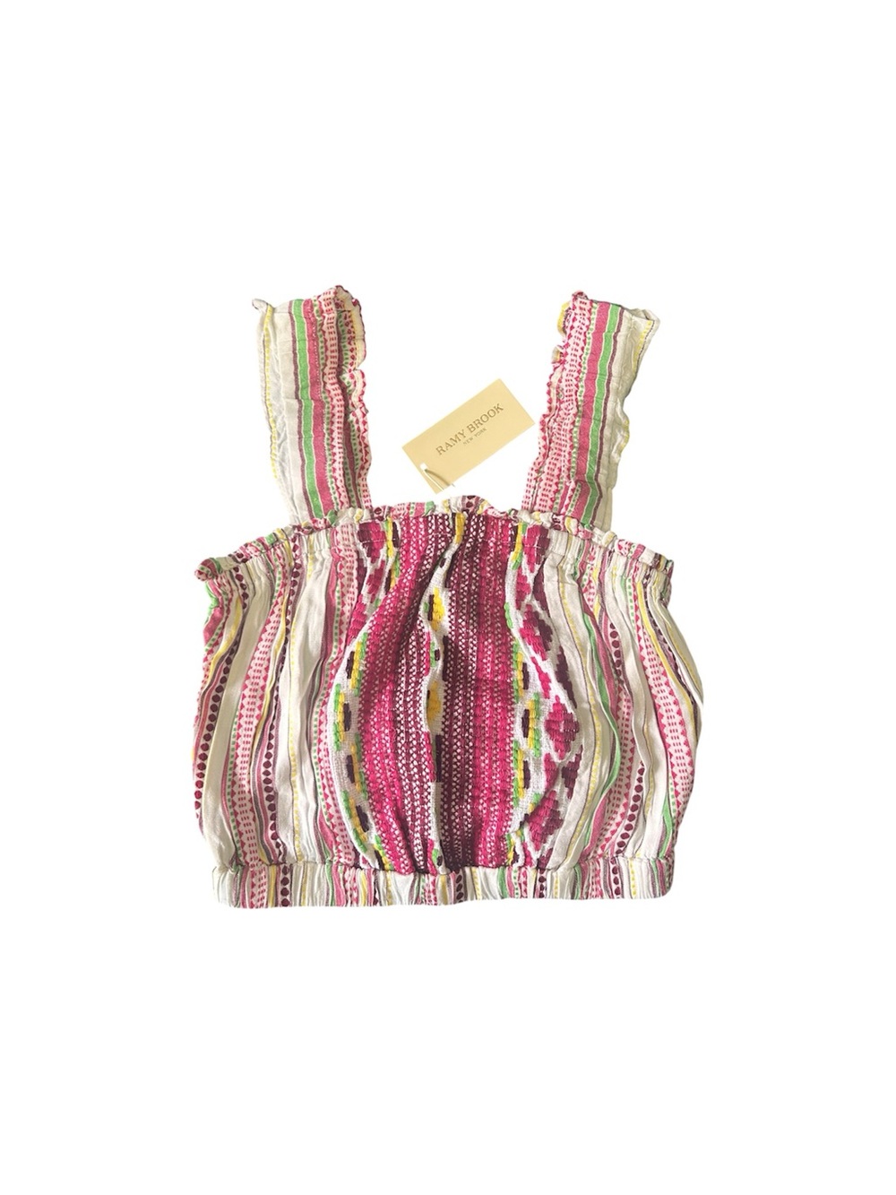 Ramy Brook Susannah Pink, White and Green Striped Smocked Top